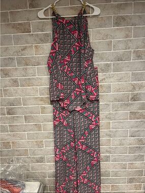New York & Company Pink and Gray Geometric Halter Jumpsuit with Chain Straps